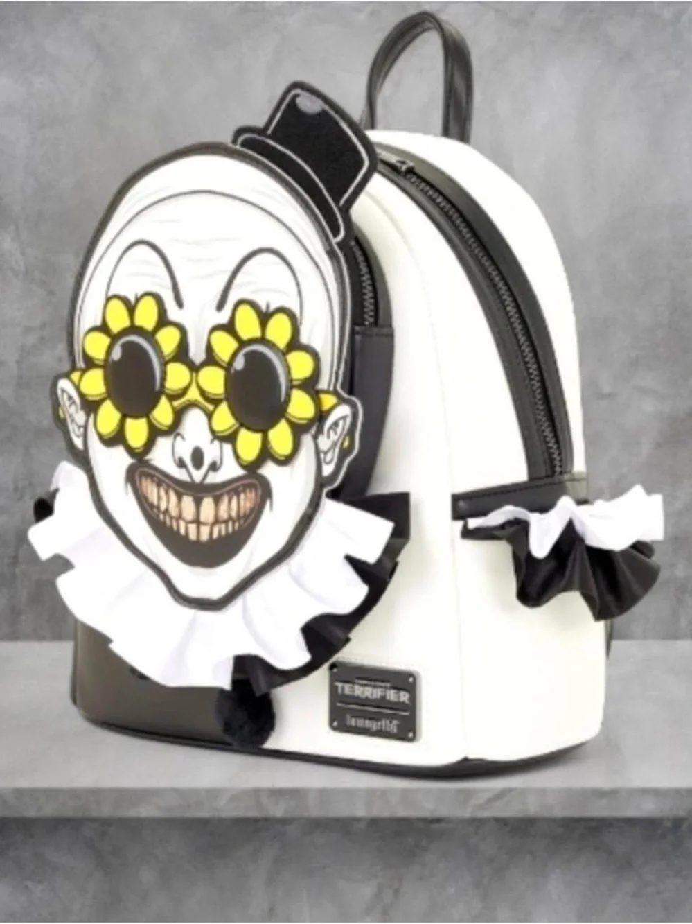 Loungefly Black, White & Yellow Clown Face Ruffle Backpack